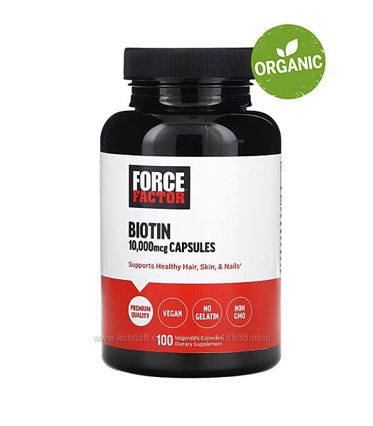 Force Factor, биотин, 10 000 мкг, Витамин В7, b7, 100 капсул
