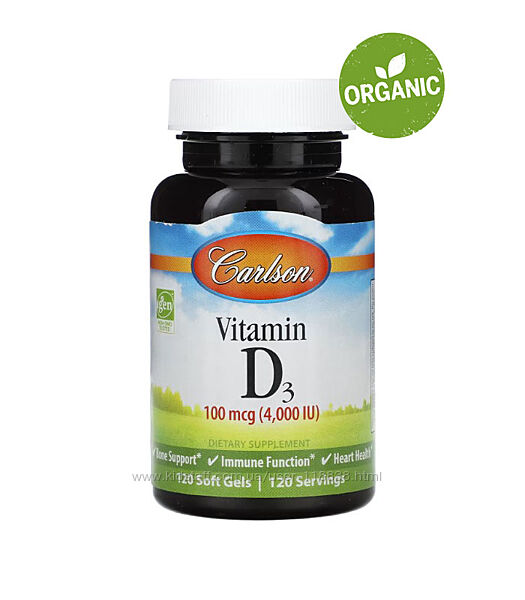 Carlson, Вітамін Д3, D3, 100 мкг, 4000 МО, 120 капсул