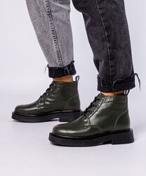 Ботинки на шнуровке, натуральная кожа, темно - зеленые, деми/зима