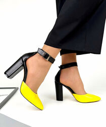 Туфли MoniC, натуральная кожа, желто - черные, на устойчивом каблуке