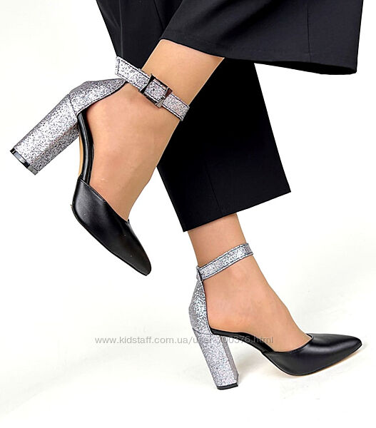 Туфли MoniC, натуральная кожа, черные/silver, на устойчивом каблуке