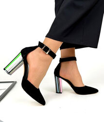 Туфли MoniC, натуральная замша/лак, черные, на цветном устойчивом каблуке