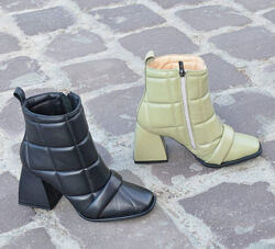Дутые ботинки натуральная итальянская кожа, черные/олива