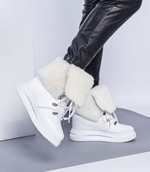 Зимние ботинки на шнуровке, натуральная кожа, белые