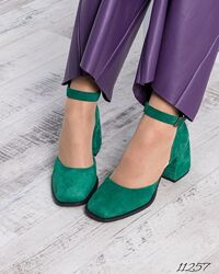 Туфли открытые с ремешком, натуральная итальянская замша, зеленые