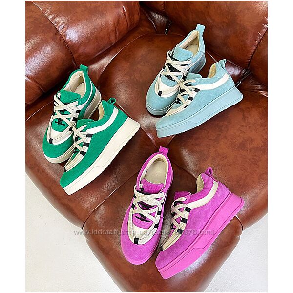 Кроссовки, натуральная замша/кожа, фуксия/мята/зеленые