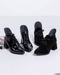 Ботинки на среднем каблуке, натуральная замша/лак, черные