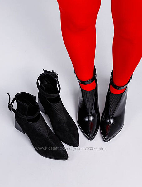 Элегантные ботинки на каблуке, натуральная лаковая кожа/замша, черные