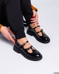 Туфли с ремешком, натуральная глянцевая кожа, черные