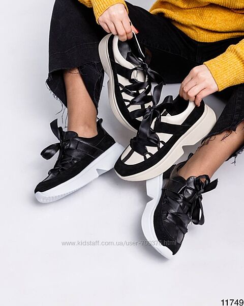 Кроссовки с красивой шнуровкой, натуральная кожа/замша, черные/беж