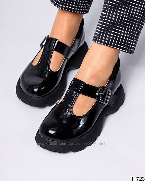 Туфли на объемной подошве, лак/натуральная замша, черные