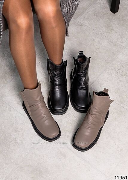 Зимові черевики, натуральна шкіра, чорні/беж