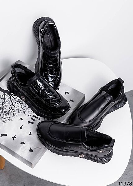Кросівки - черевики на байці, натуральна лакова/матова шкіра, чорні