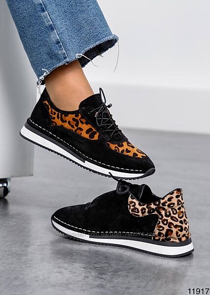 Кросівки, натуральна замша, чорні з світлим лео/з рудим лео