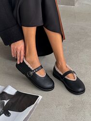 Балетки barefoot з хутром, натуральна шкіра, чорні