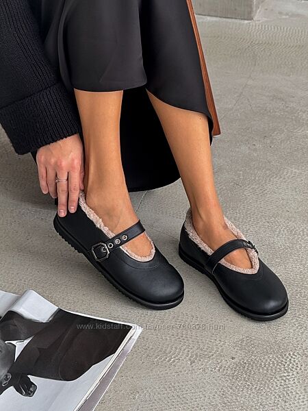 Балетки barefoot з хутром, натуральна шкіра, чорні