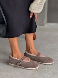 Балетки barefoot з хутром, натуральна замша, мокко