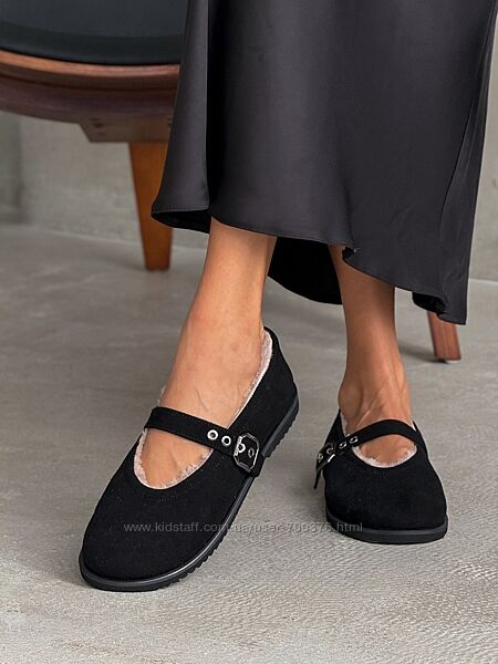 Балетки barefoot з хутром, натуральний велюр, чорні