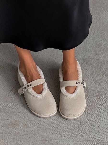 Балетки barefoot з хутром, натуральна замша, слонова кістка