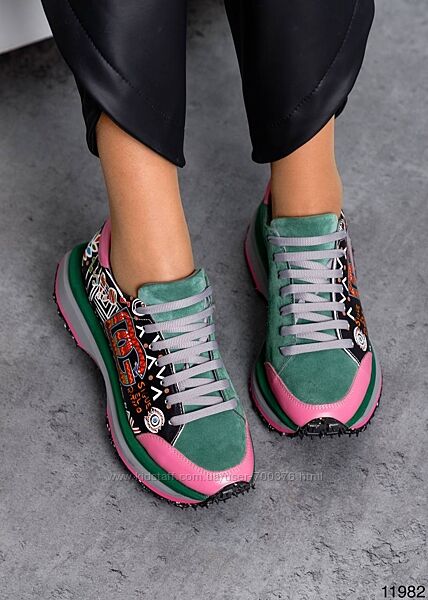 Яскраві кросівки, натуральна шкіра/замша, зелений/рожевий