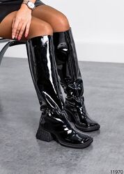 Чоботи, натуральна глянцева шкіра, чорні, демі/зима