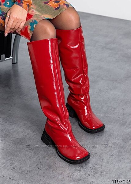 Чоботи, натуральна глянцева шкіра, вишня з вершками, демі/зима