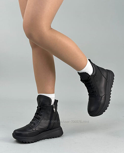 Черевики кросівки жіночі шкіряні чорні демі/зима