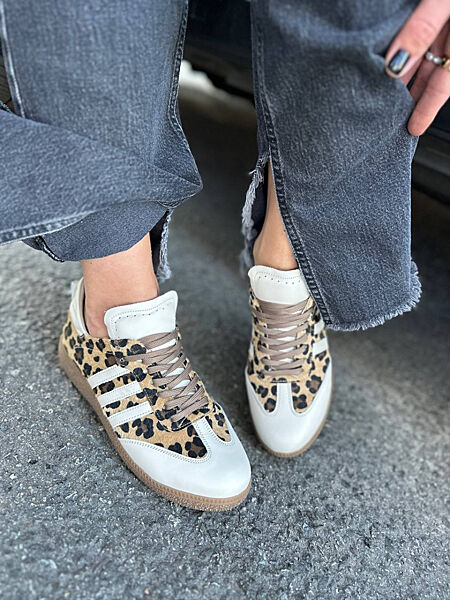 Кеди, натуральна шкіра/текстиль, молочні з вставкою леопард