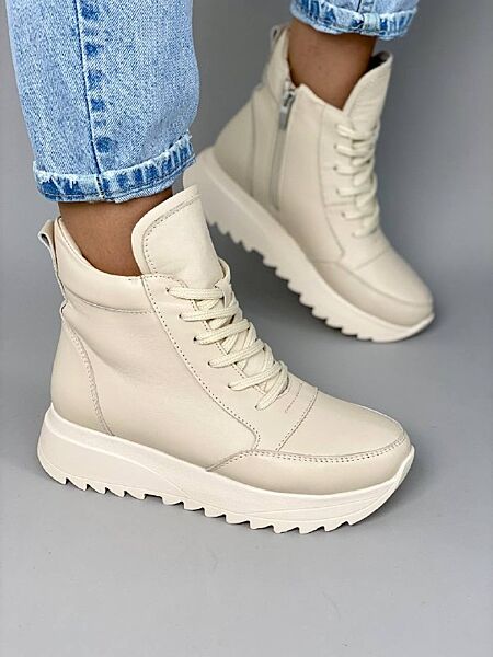 Черевики кросівки жіночі шкіряні молочні демі/зима