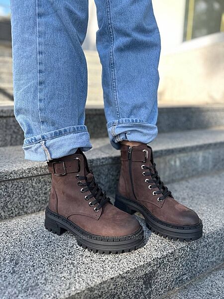 Черевики жіночі з нубуку шоколадного кольору демі/зима