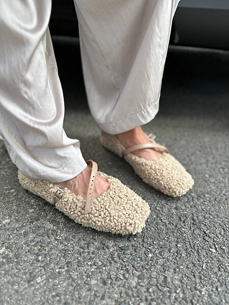 Балетки, хутро тедді, бежеві