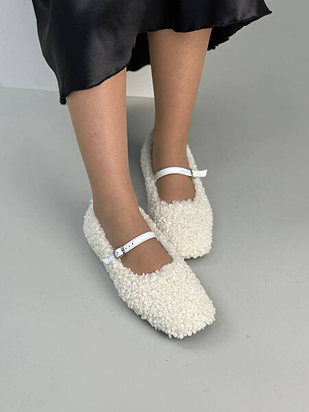 Балетки, хутро Тедді, молочні, на шкірпідкладі