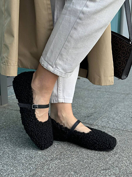 Балетки, хутро тедді, чорні