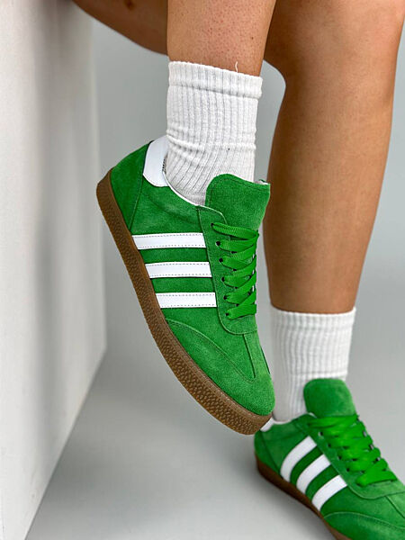 Кеди, натуральна замша/шкіра, зелені з білим