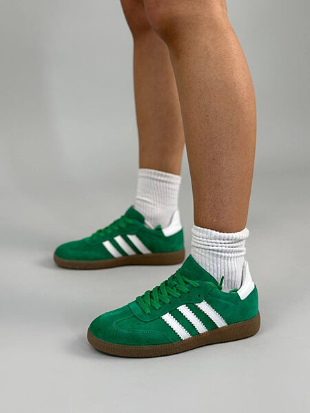 Кеди, натуральна замша, зелені з білими смужками