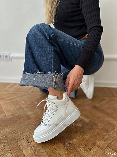 Хайтопи демісезон на флісі, натуральна шкіра, білі