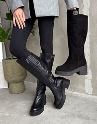 Чоботи Зима з трендовою фурнітурою, натуральна замша/шкіра, чорні