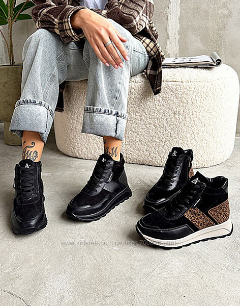 Високі кросівки Зима, натуральна шкіра/замша, чорні/лео