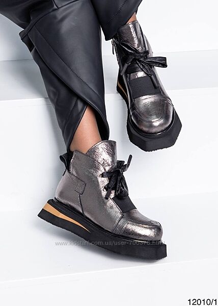 Черевики зимові, натуральна шкіра, з натуральним хутром, темне срібло