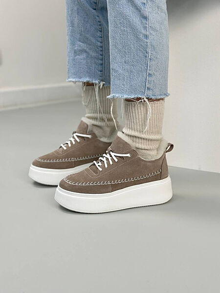 Кеди зима, натуральна замша, бежеві, на білій підошві