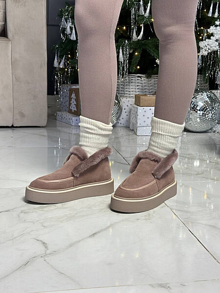 Лофери зимові, з опушкою, натуральна замша, бежеві