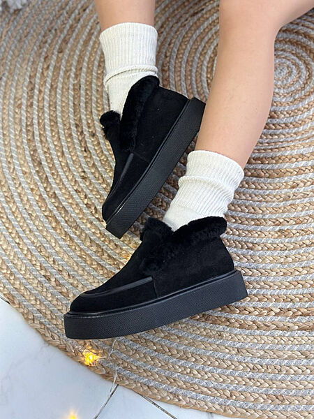 Лофери зимові, з опушкою, натуральна замша, чорні