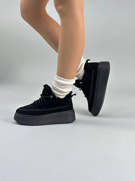 Кеди зима, натуральна замша, чорні, на чорній підошві