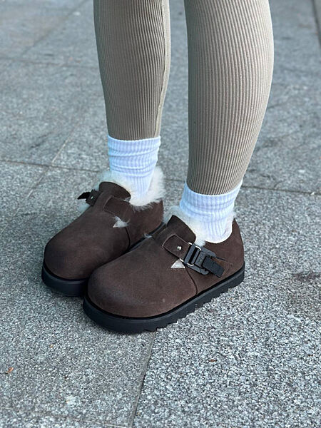 Клогі зимові, натуральна замша, коричневі, на хутрі