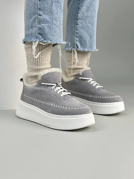 Кеди зима, натуральна замша, сірі, на білій підошві