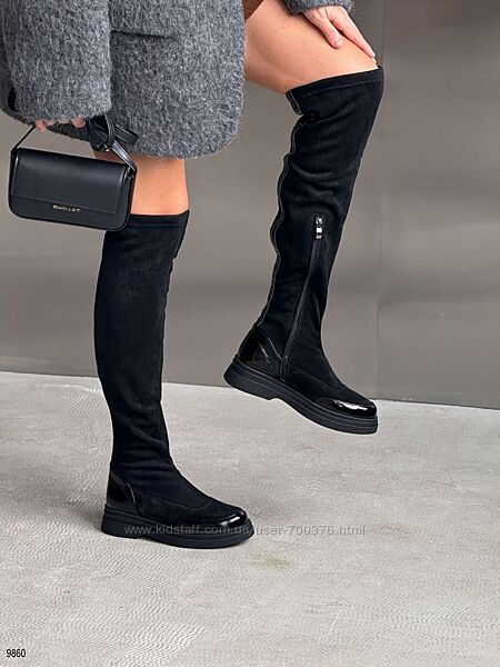 Ботфорти, натуральна замша/лак, чорні, демі/зима