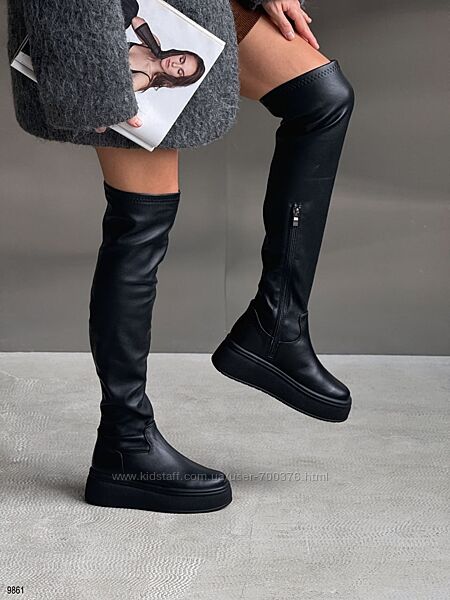 Ботфорти, натуральна шкіра, чорні, демі/зима