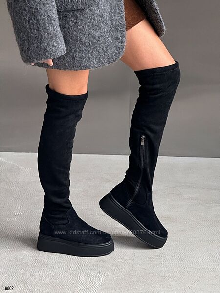 Ботфорти, натуральна замша, чорні, демі/зима