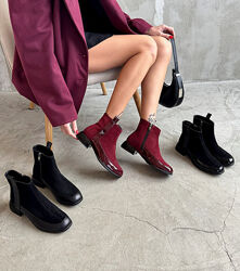 Черевики демі, натуральна замша/шкіра/лак, чорні/бургунді