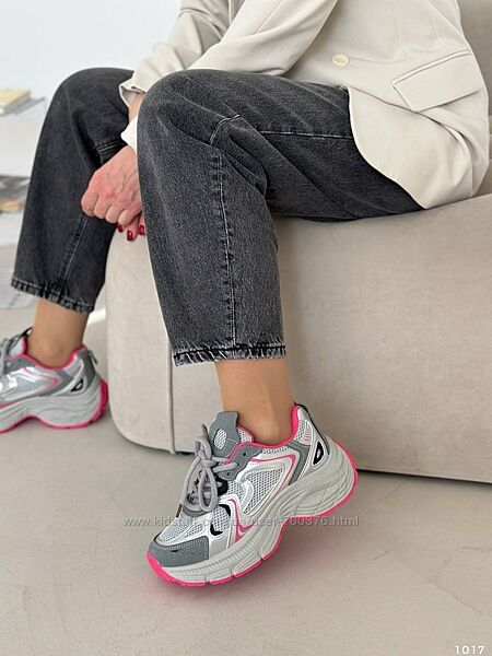 Кросівки на платформі, сірі/фуксія